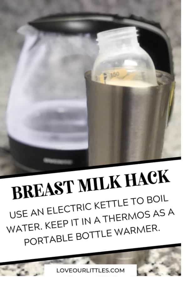 Breast milk heating in a thermos with the text breast milk heating hack and directions across the bottom.