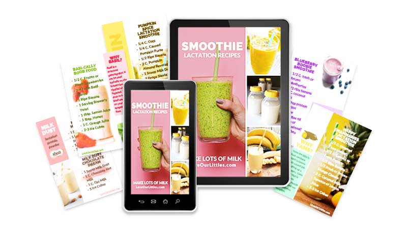 A graphic with a lactation smoothie ebook on an iPad and cell phone mock up.