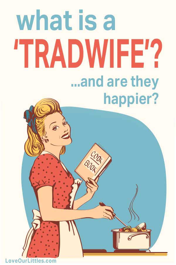 What is a tradwife? Illustration of wife and mother cooking in kitchen smiling.