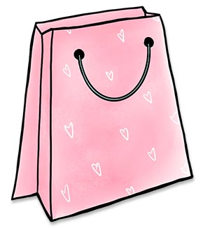 Pink shopping bag illustration with white hearts for a pattern.